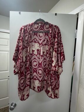 Open-Front Elephant Print Tunic Kimono - Burgundy/Cream